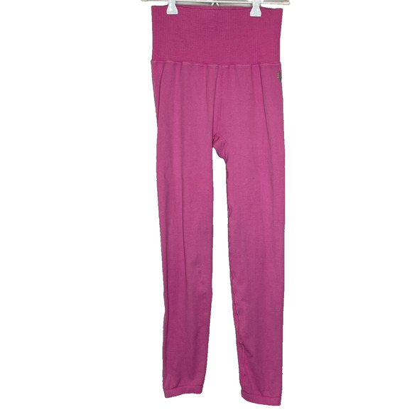 Women's Small Free People Movement Pink Ribbed Ruched Active Leggingsoo - Picture 1 of 5